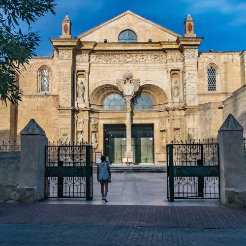 SANTO DOMINGO, DOMINICAN REPUBLIC - SEPTEMBER 10, 2017: Entrance of the Basilica Cathedral of Santa Maria la Menor. Santo Domingo, Dominican Republic.
